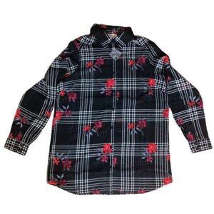 CW Classics Sheer Button Down Top Floral Black Medium White Red Flowers